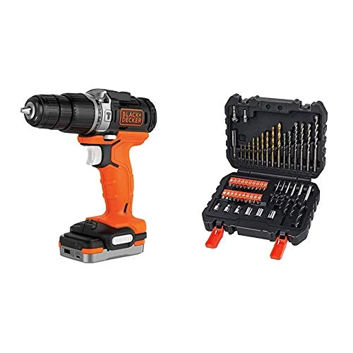 Oferta Mejora del hogar: BLACK+DECKER BDCHD12S1-XJ - Taladro Percutor 12V con batería litio 1.5 Ah, incluye cable USB de carga + A7188 - Set de 50 piezas con brocas y puntas para atornillar y taladrar