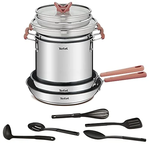 Oferta Casa: Tefal OptiSpace - Juego de 2 Sartenes, 2 Cacerolas y 1 Olla + 3 tapas + Acc: Cacerolas de 18, 20, olla pasta, 2 sartenes 24 y 28 cm de acero inoxidable, 3 tapas planas, 5 accesorios cocina