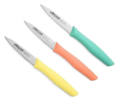 Oferta Casa: Arcos Set Cuchillos Mondadores de Cocina. 3 Piezas Acero Inoxidable, para Pelar Frutas y Verduras. Mango Ergonómico Polipropileno. Serie Nova. Naranja. Amarillo y Azul
