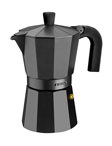 Oferta Casa: Monix Vitro Noir - Cafetera Italiana de Aluminio, 12 Tazas de Capacidad, Mango TERMORESISTENTE, Recubrimiento Antiadherente, Fácil de Lavar, Apta para Vitrocerámicas y Cocinas de Gas, Negro