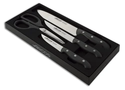 Oferta Casa: Arcos Juego de Cuchillos de Cocina cuatro piezas. 3 Cuchillos chef y 1 tijeras Acero Inoxidable y mango ergonómico polioximetileno para cortar carne. pescado y verduras. Color negro