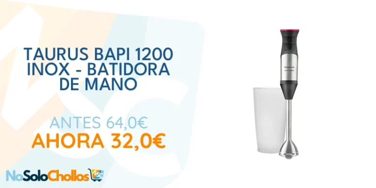 Oferta Cocina: Taurus Bapi 1200 Inox, Batidora de Mano, 1200 W, Bate y Pica Hielo, Cable Largo 110cm, 20 Velocidades Ajustables, Agarre Ergonómico, Turbo Rotation System, Libre de BPA, Incluye Vaso Medidor