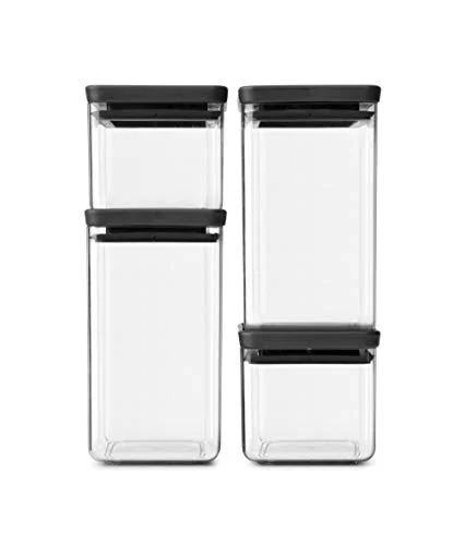 Oferta NoSoloChollos Casa: NoSoloChollos Brabantia tasty + set de 4 botes apilables cuadrados de plástico transparente, 2 x 0.7 l, 2 x 1.6 l, tapa dark grey