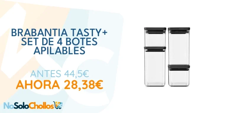 Oferta Casa: Brabantia tasty + set de 4 botes apilables cuadrados de plástico transparente, 2 x 0.7 l, 2 x 1.6 l, tapa dark grey